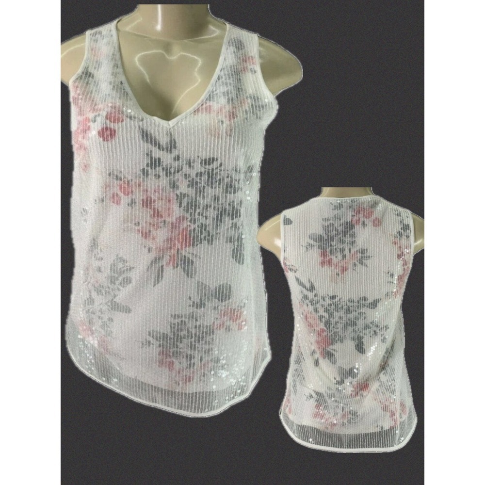 White House Black Market XXSP Petite White Floral Sequin Mesh Tank Top V-Neck